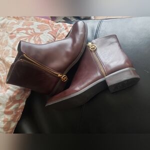 Michael Kors Women's Brown Leather Ankle Boots with Gold Zipper